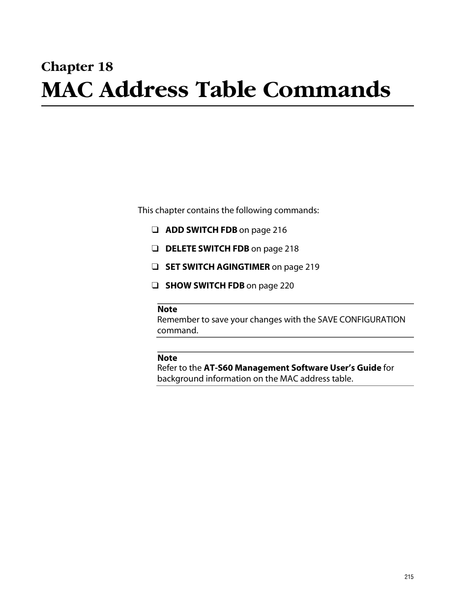 Chapter 18, Mac address table commands | Allied Telesis AT-S60 User Manual | Page 217 / 303