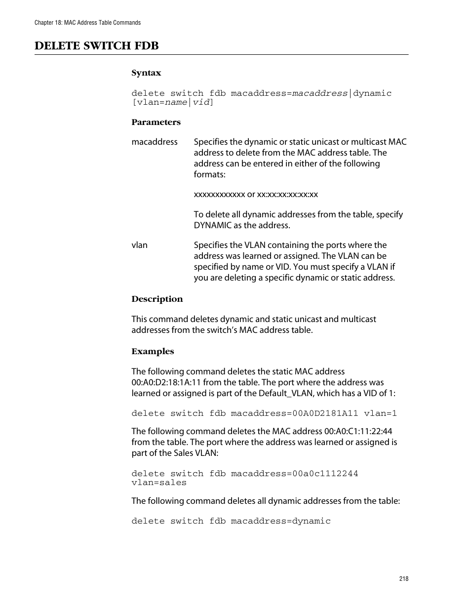 Delete switch fdb | Allied Telesis AT-S60 User Manual | Page 220 / 303