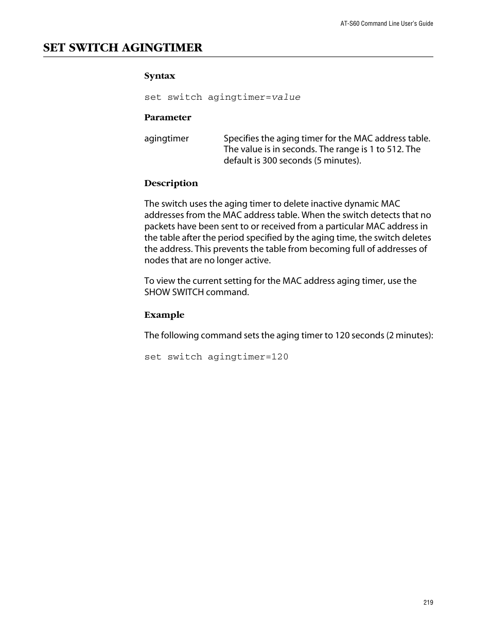 Set switch agingtimer | Allied Telesis AT-S60 User Manual | Page 221 / 303