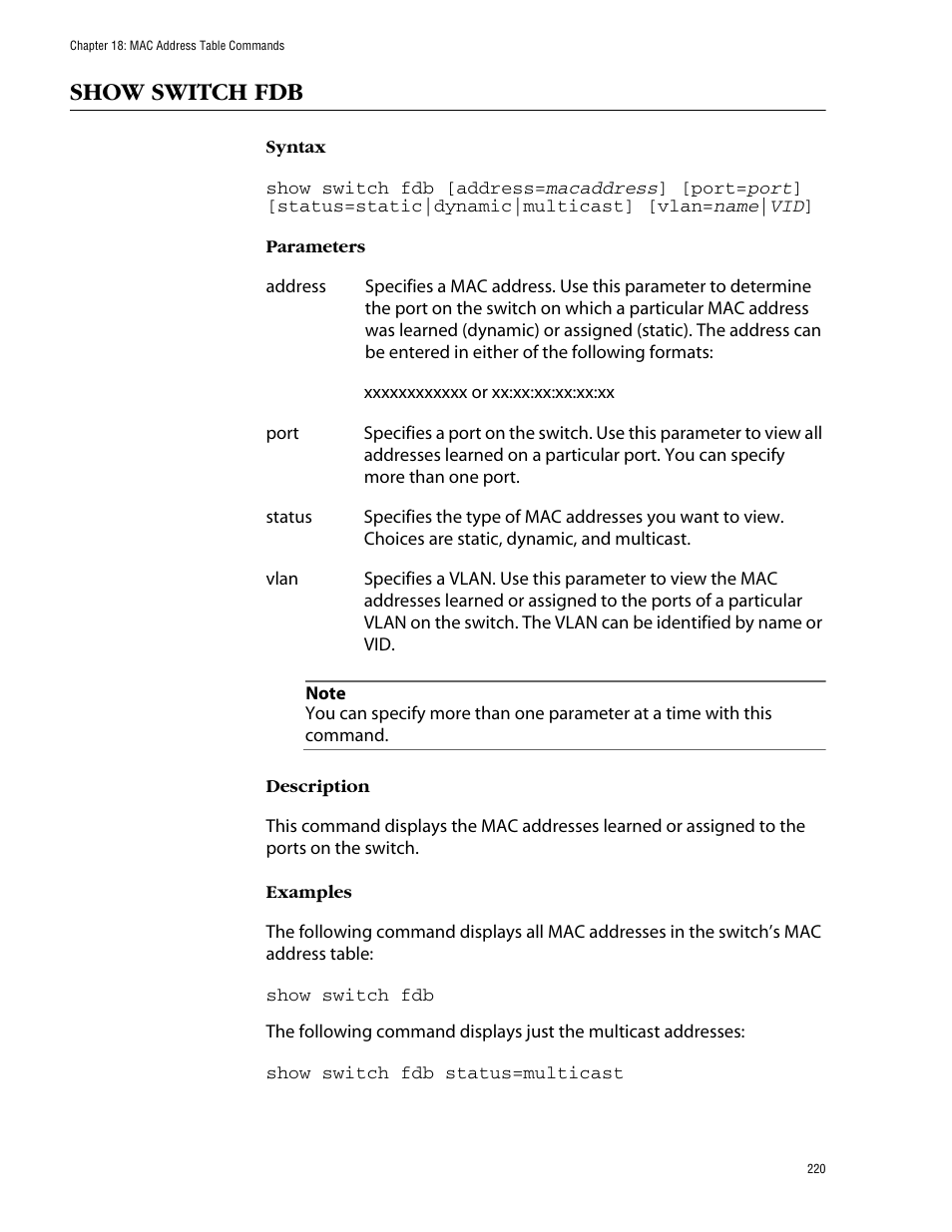 Show switch fdb | Allied Telesis AT-S60 User Manual | Page 222 / 303