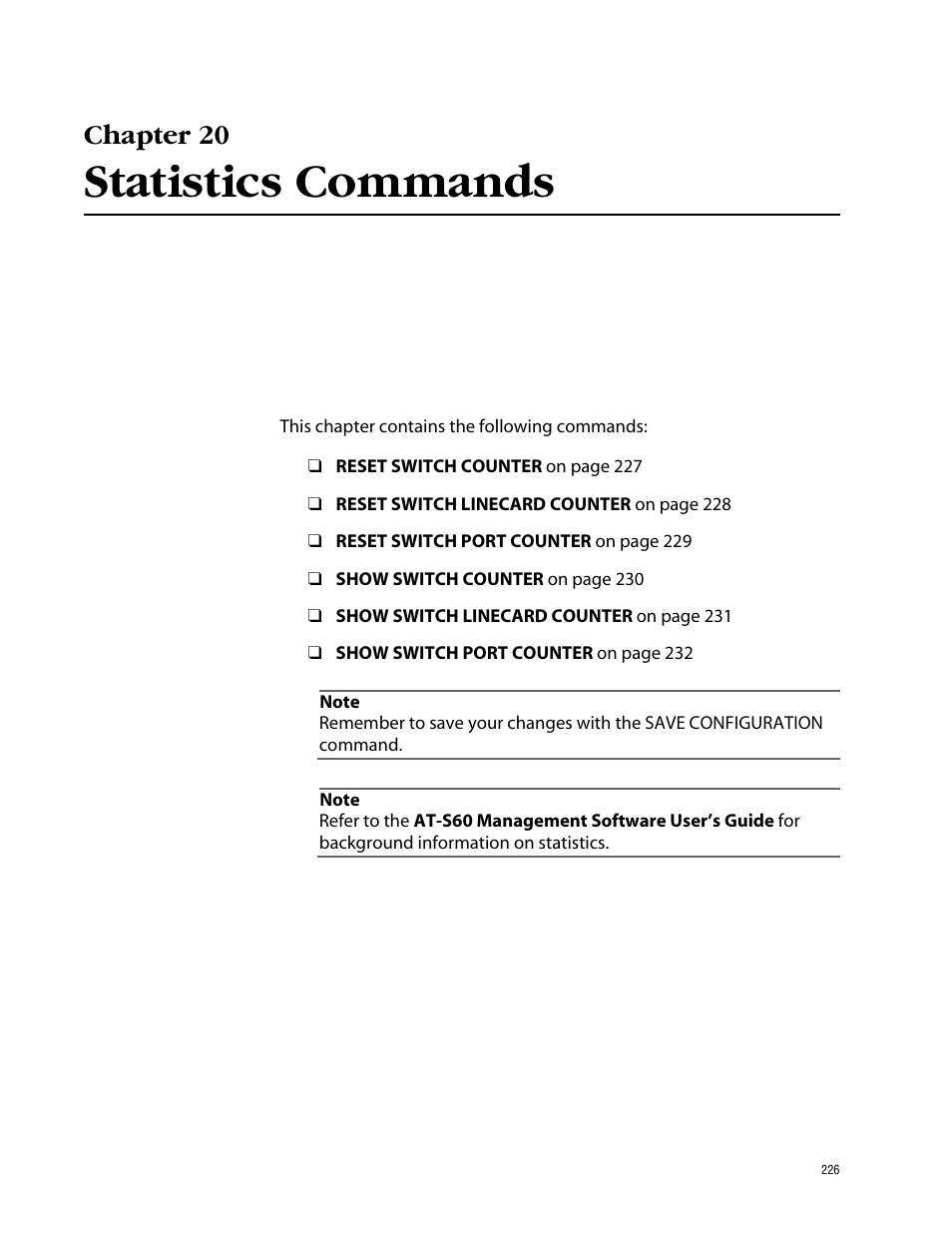 Chapter 20, Statistics commands | Allied Telesis AT-S60 User Manual | Page 228 / 303