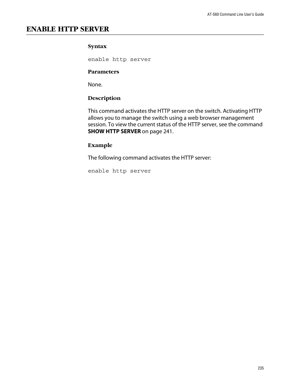 Enable http server | Allied Telesis AT-S60 User Manual | Page 237 / 303