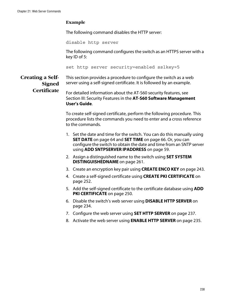 Creating a self- signed certificate, Creating a self-signed certificate | Allied Telesis AT-S60 User Manual | Page 240 / 303