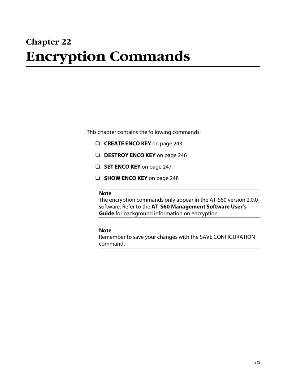 Chapter 22, Encryption commands | Allied Telesis AT-S60 User Manual | Page 244 / 303