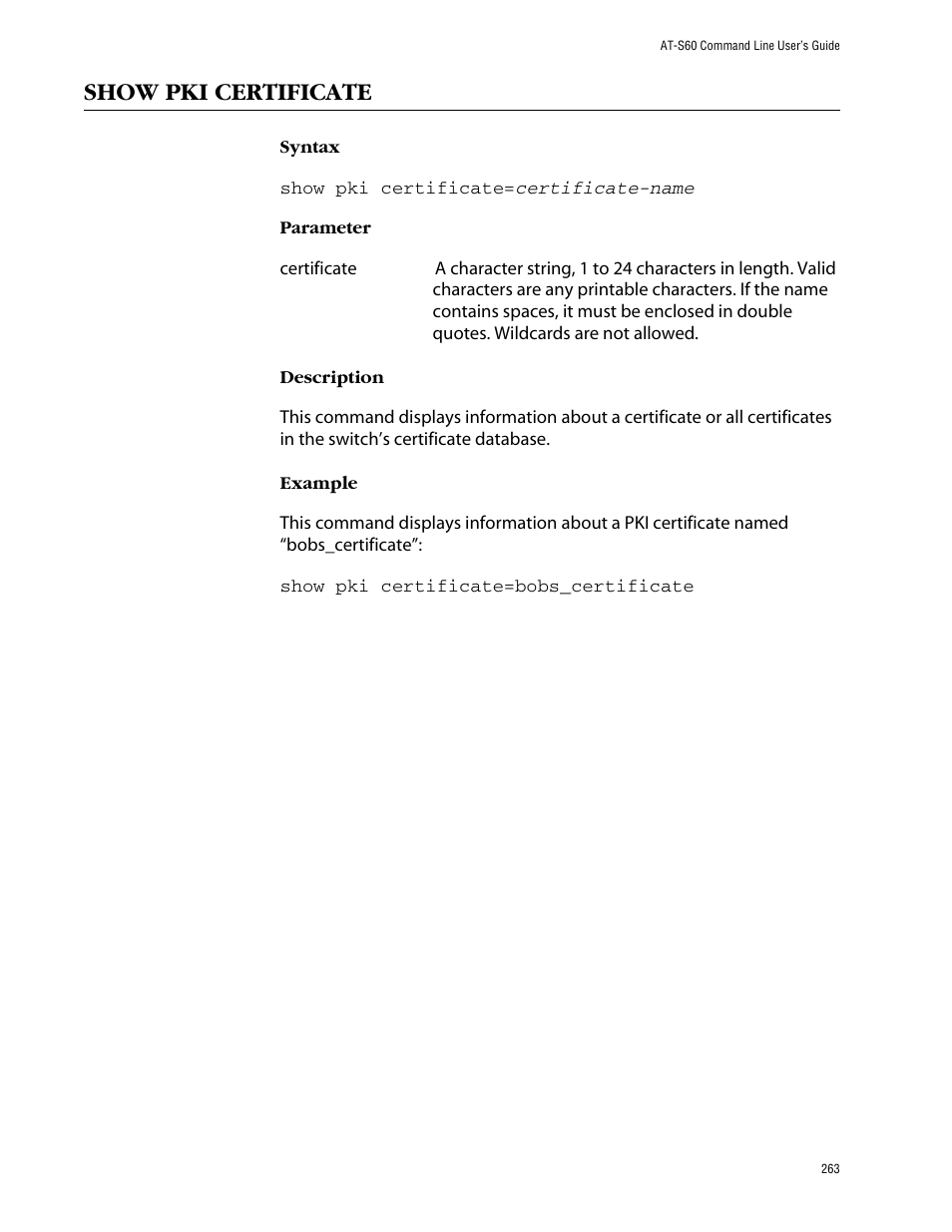Show pki certificate | Allied Telesis AT-S60 User Manual | Page 265 / 303