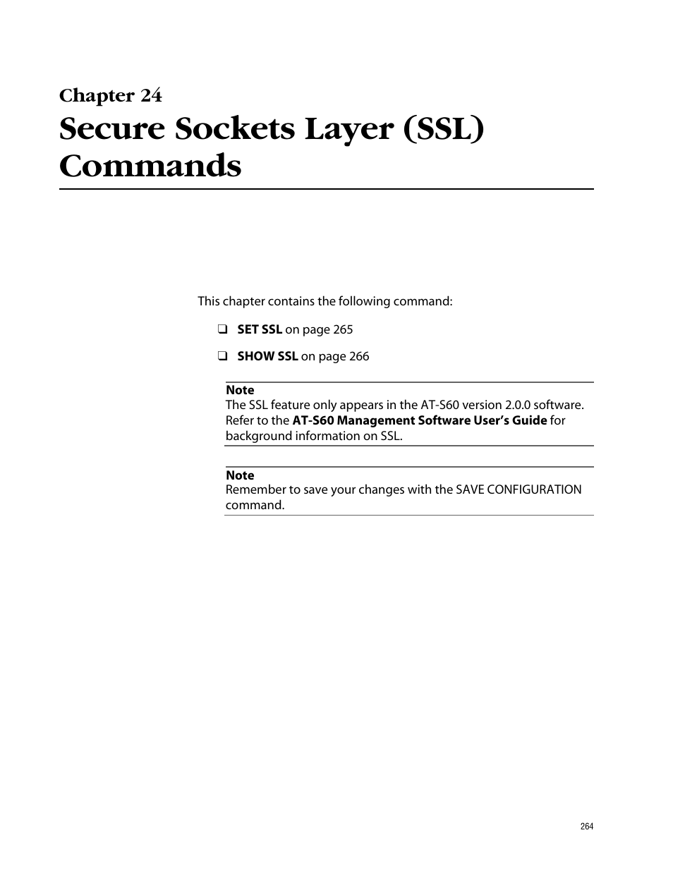 Chapter 24, Secure sockets layer (ssl) commands | Allied Telesis AT-S60 User Manual | Page 266 / 303