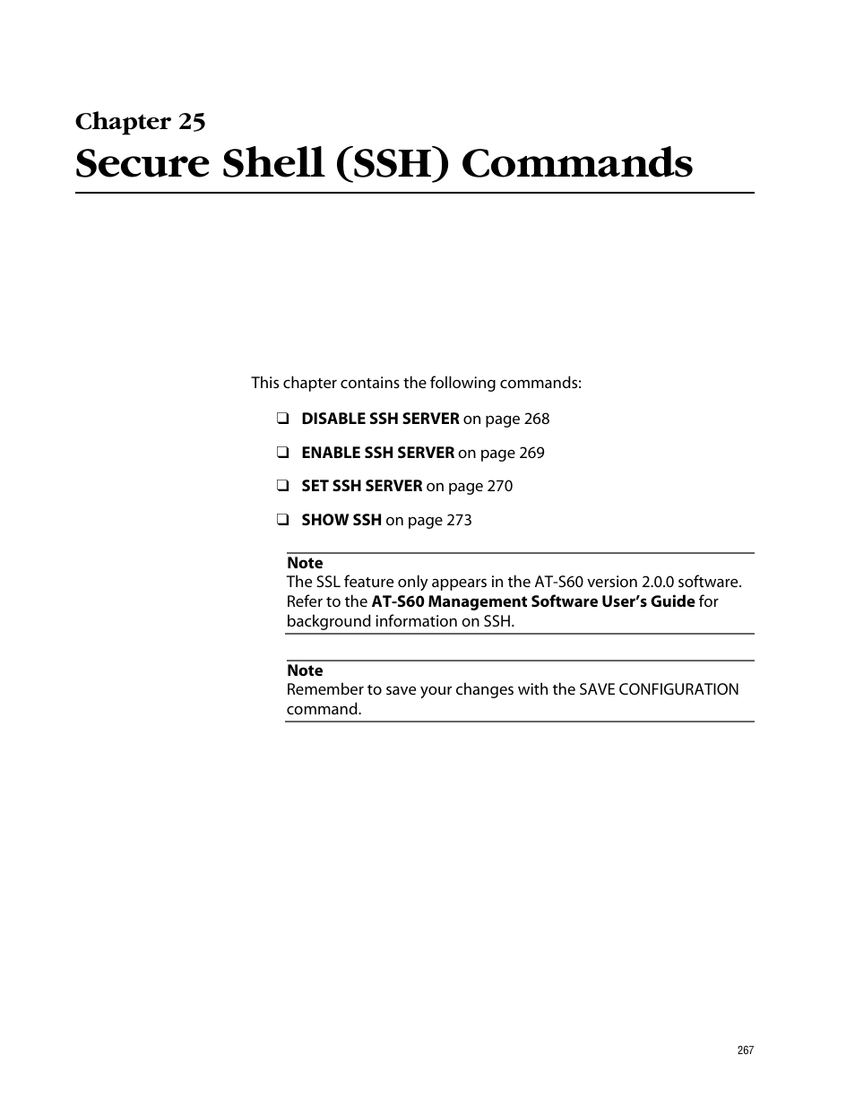 Chapter 25, Secure shell (ssh) commands | Allied Telesis AT-S60 User Manual | Page 269 / 303