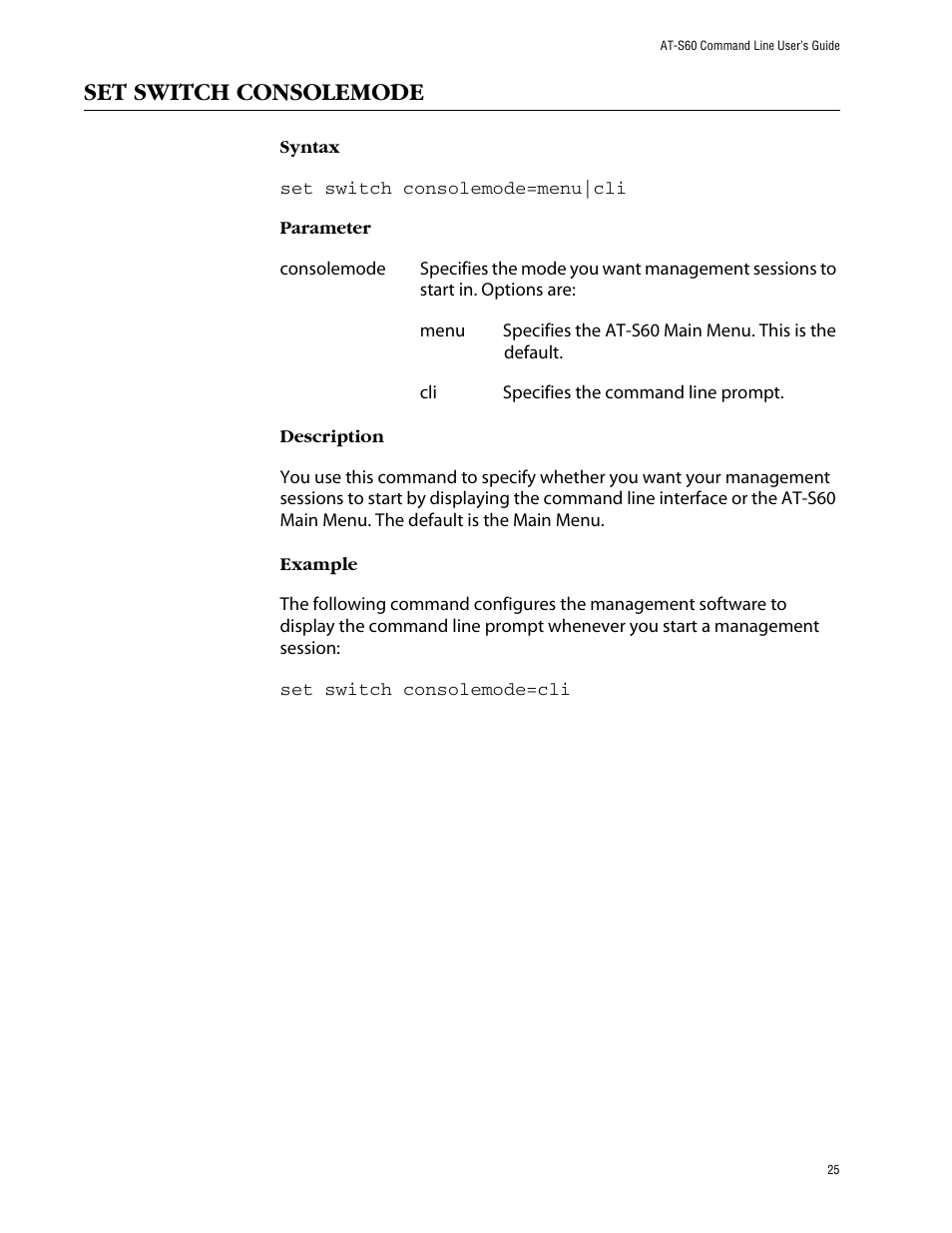 Set switch consolemode | Allied Telesis AT-S60 User Manual | Page 27 / 303