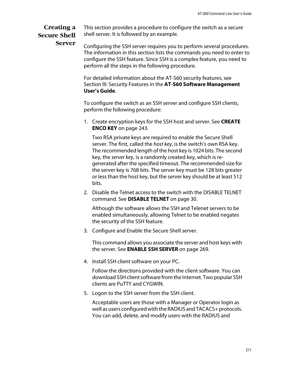 Creating a secure shell server | Allied Telesis AT-S60 User Manual | Page 273 / 303