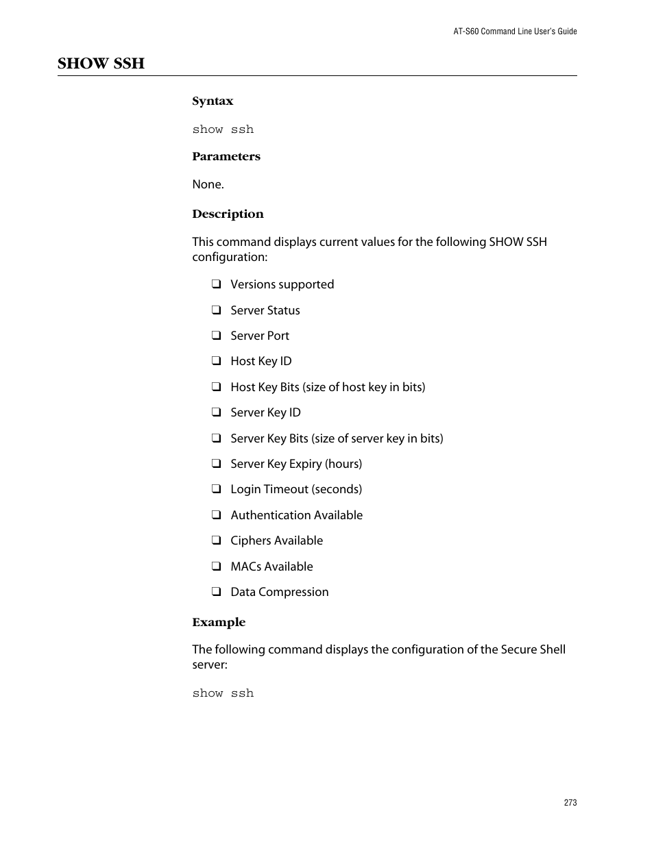 Show ssh | Allied Telesis AT-S60 User Manual | Page 275 / 303