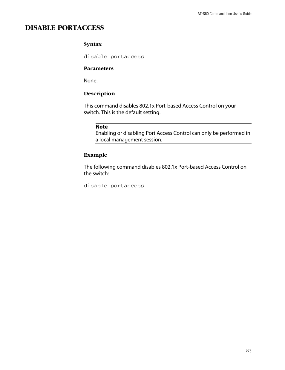 Disable portaccess | Allied Telesis AT-S60 User Manual | Page 277 / 303