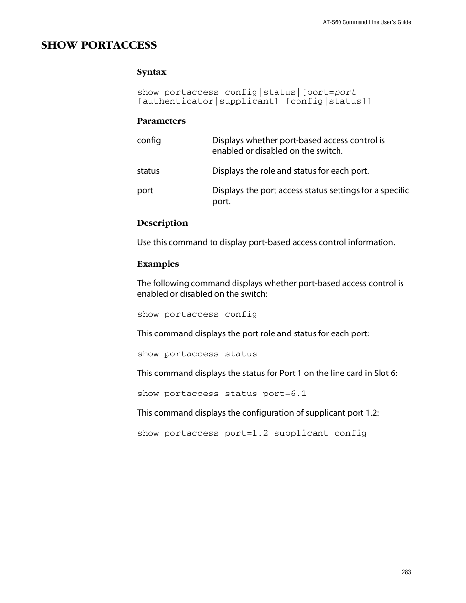 Show portaccess | Allied Telesis AT-S60 User Manual | Page 285 / 303