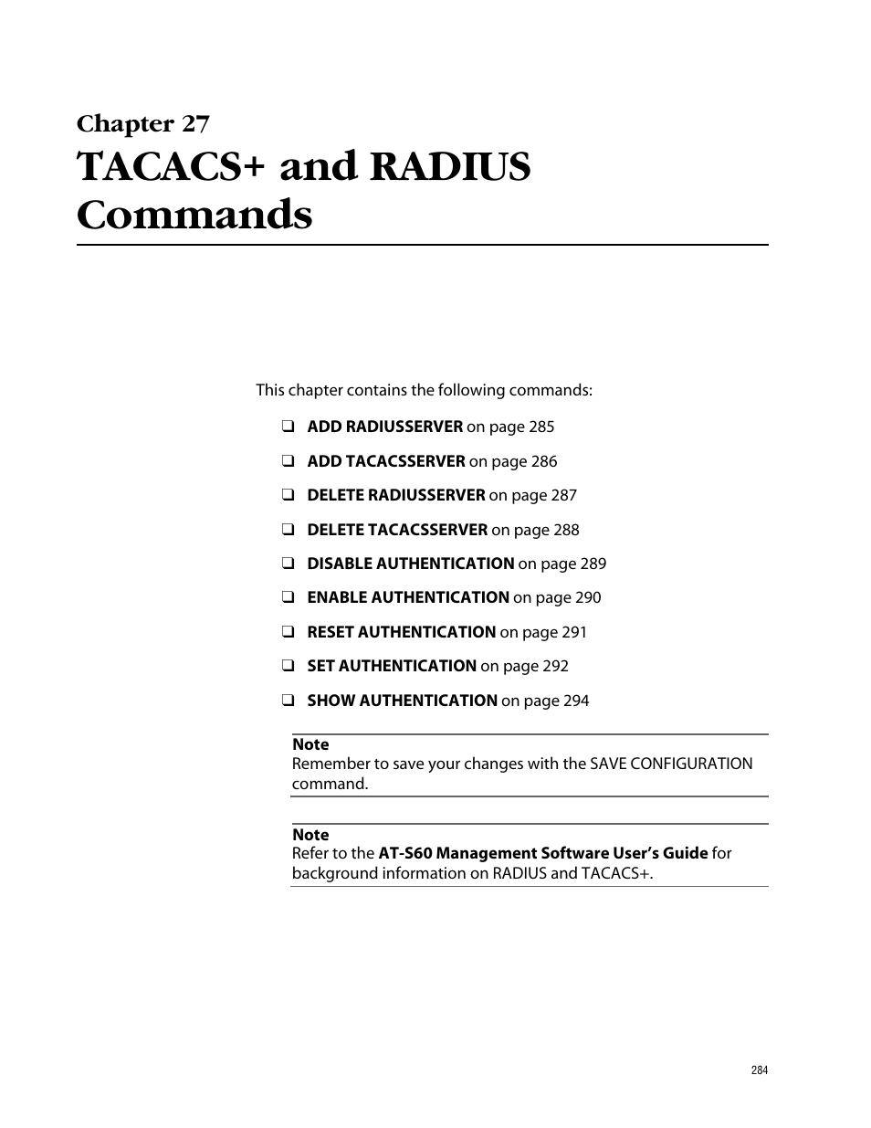 Chapter 27, Tacacs+ and radius commands | Allied Telesis AT-S60 User Manual | Page 286 / 303