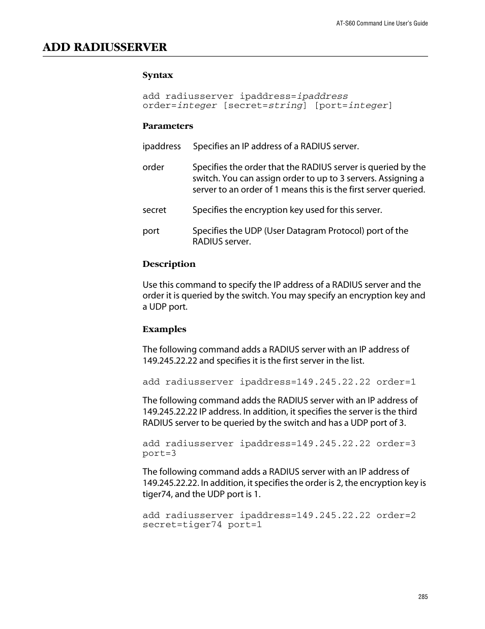 Add radiusserver | Allied Telesis AT-S60 User Manual | Page 287 / 303