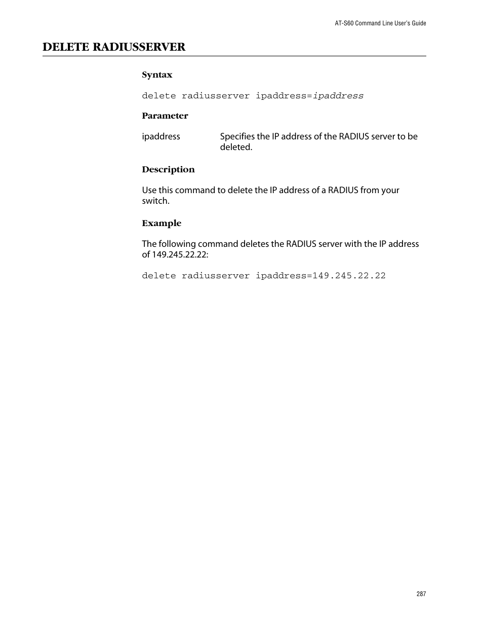 Delete radiusserver | Allied Telesis AT-S60 User Manual | Page 289 / 303
