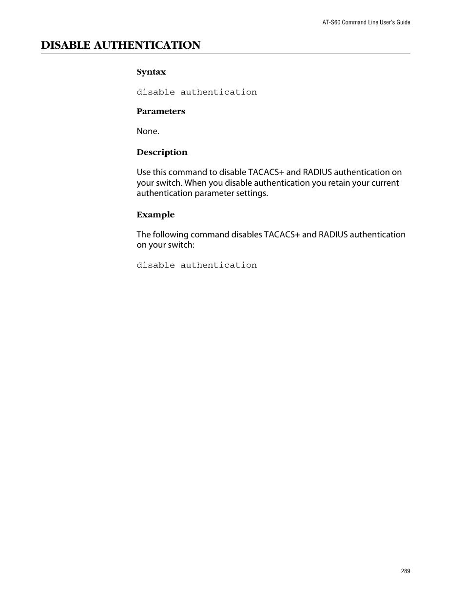 Disable authentication | Allied Telesis AT-S60 User Manual | Page 291 / 303