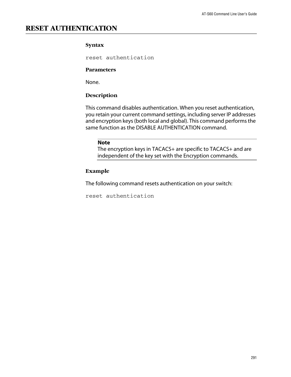 Reset authentication | Allied Telesis AT-S60 User Manual | Page 293 / 303