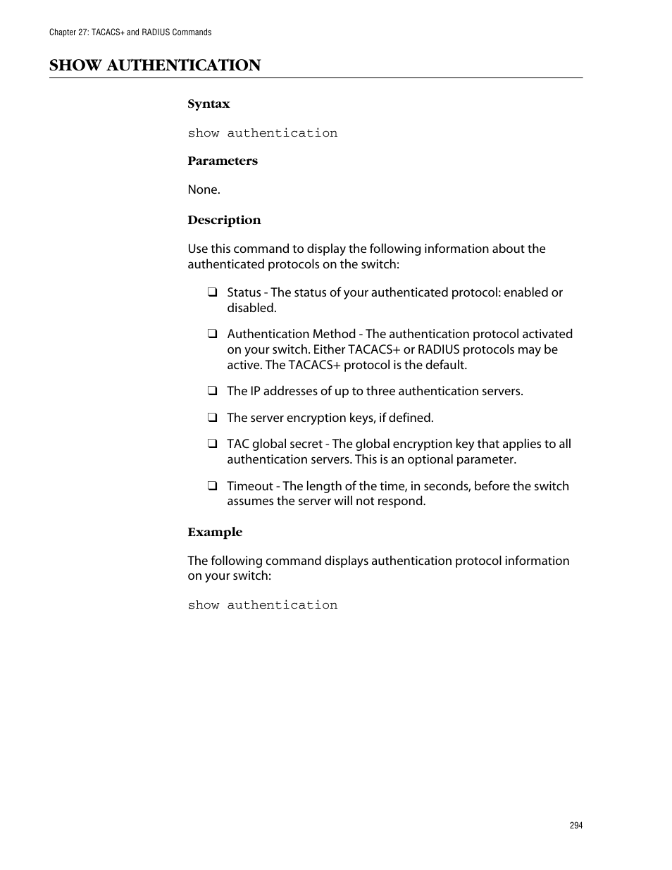 Show authentication | Allied Telesis AT-S60 User Manual | Page 296 / 303