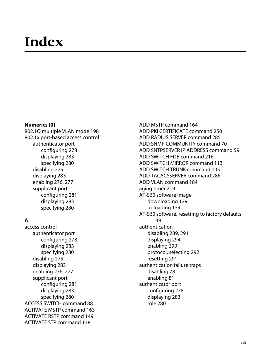 Index | Allied Telesis AT-S60 User Manual | Page 297 / 303