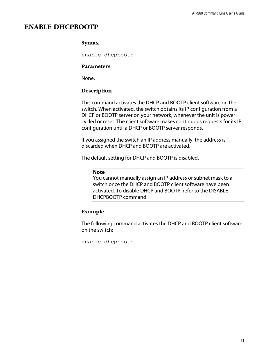 Enable dhcpbootp | Allied Telesis AT-S60 User Manual | Page 33 / 303