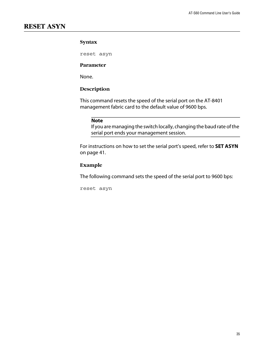 Reset asyn | Allied Telesis AT-S60 User Manual | Page 37 / 303