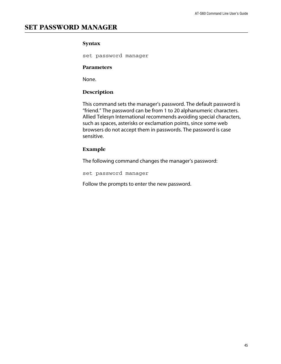 Set password manager | Allied Telesis AT-S60 User Manual | Page 47 / 303
