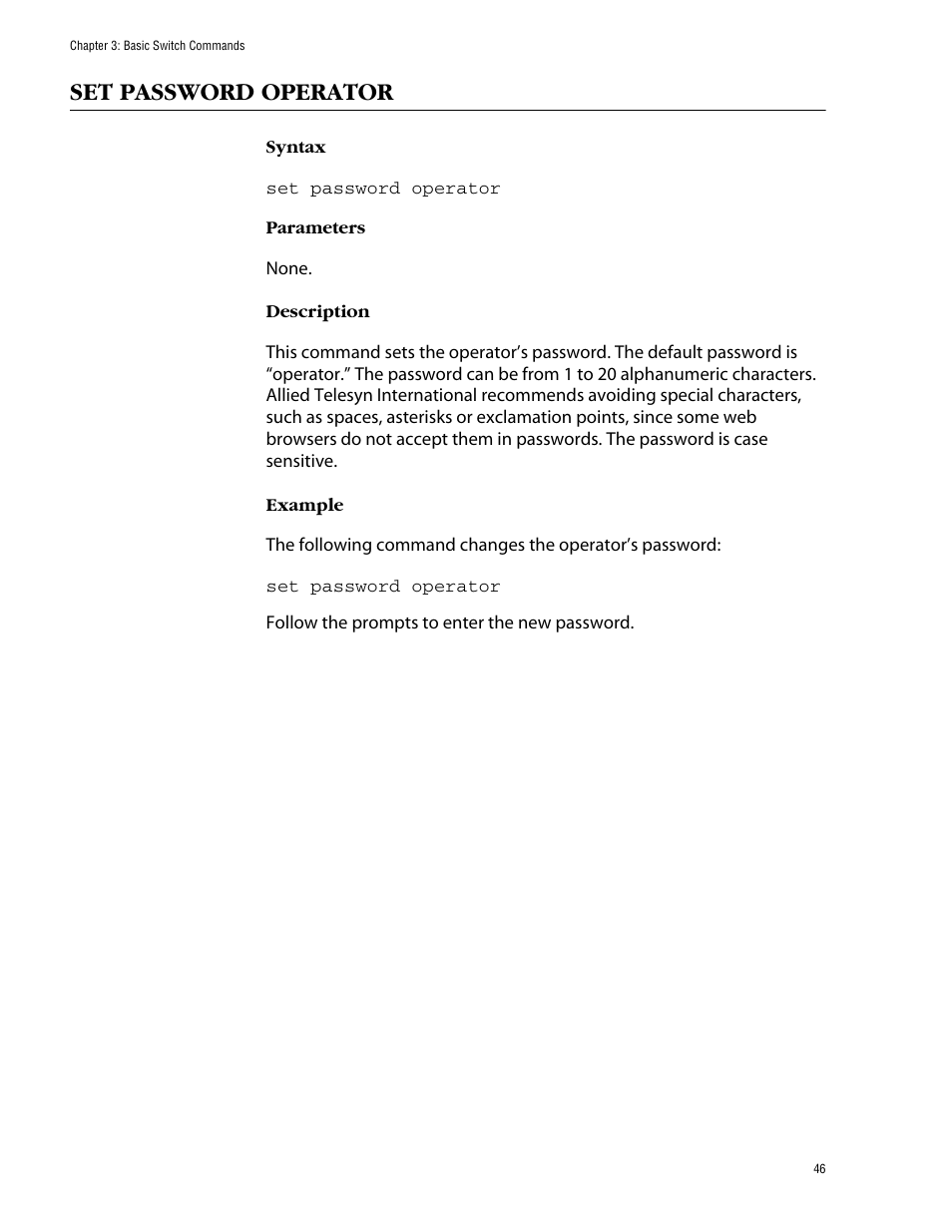 Set password operator | Allied Telesis AT-S60 User Manual | Page 48 / 303