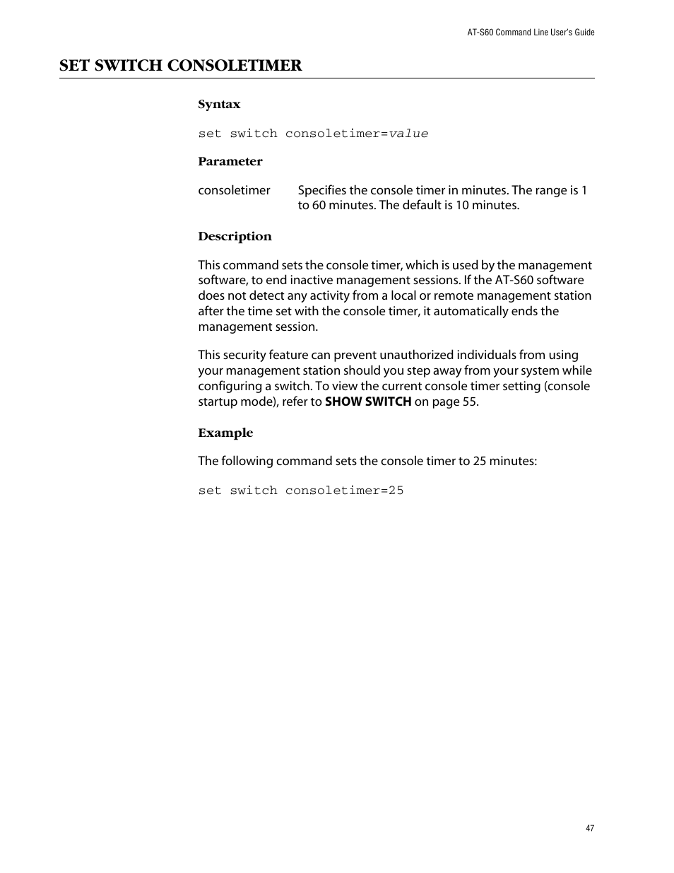 Set switch consoletimer | Allied Telesis AT-S60 User Manual | Page 49 / 303