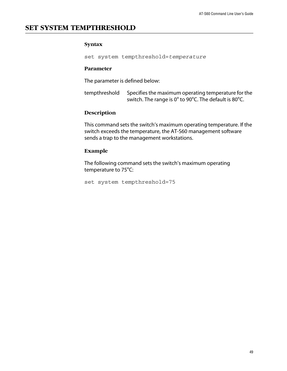 Set system tempthreshold | Allied Telesis AT-S60 User Manual | Page 51 / 303