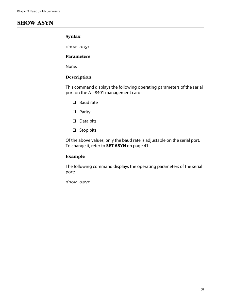 Show asyn | Allied Telesis AT-S60 User Manual | Page 52 / 303