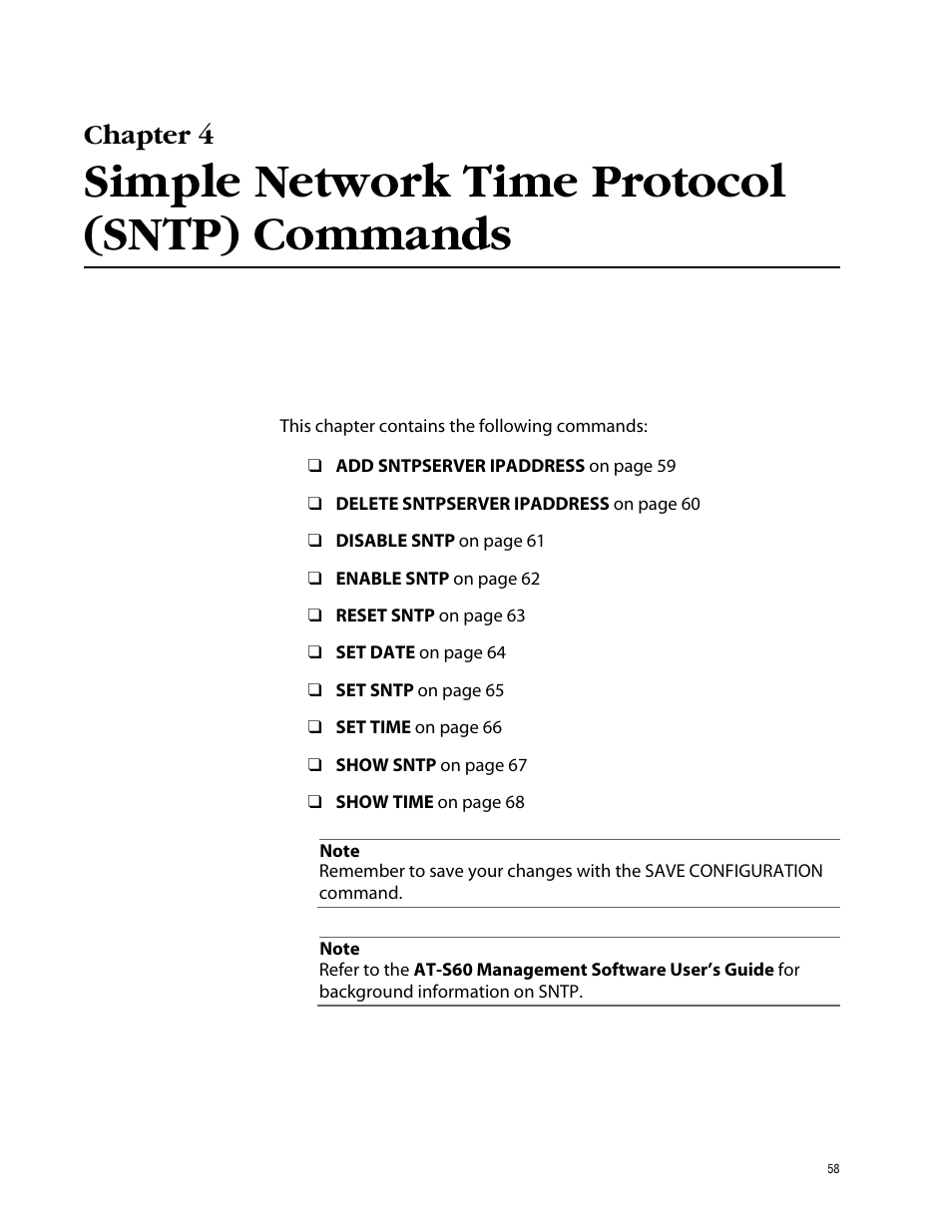 Chapter 4, Simple network time protocol (sntp) commands | Allied Telesis AT-S60 User Manual | Page 60 / 303