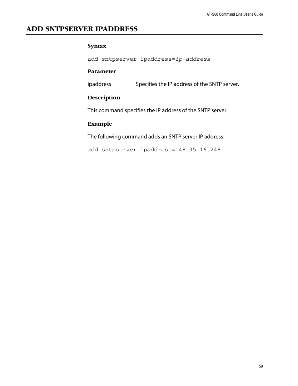 Add sntpserver ipaddress | Allied Telesis AT-S60 User Manual | Page 61 / 303