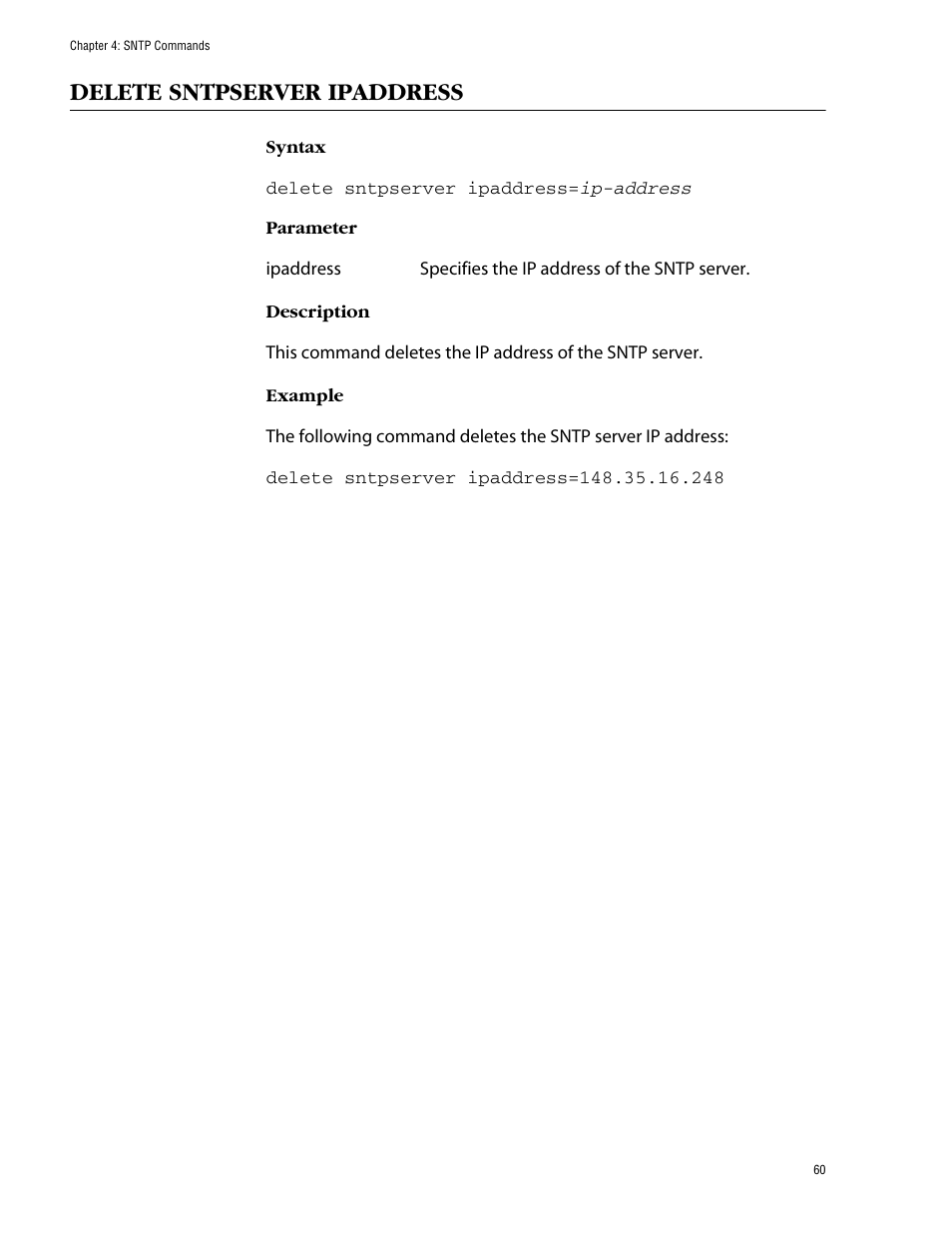Delete sntpserver ipaddress | Allied Telesis AT-S60 User Manual | Page 62 / 303