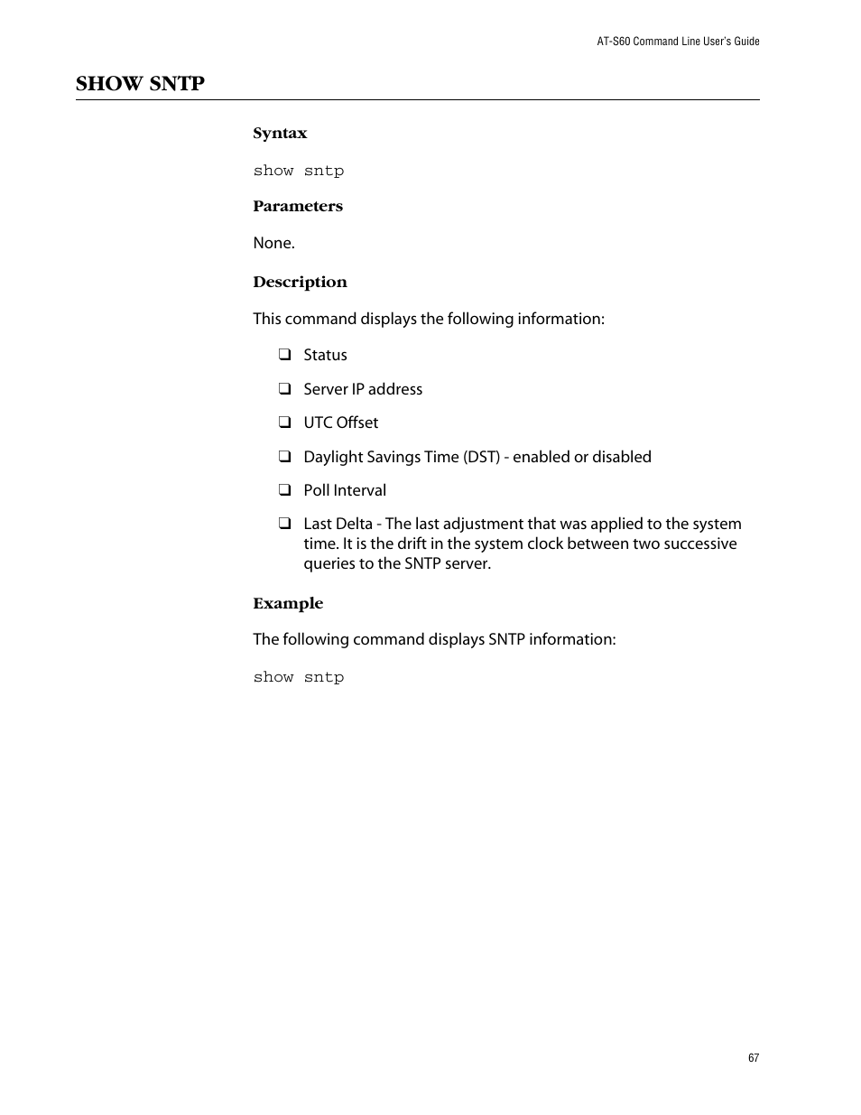 Show sntp | Allied Telesis AT-S60 User Manual | Page 69 / 303