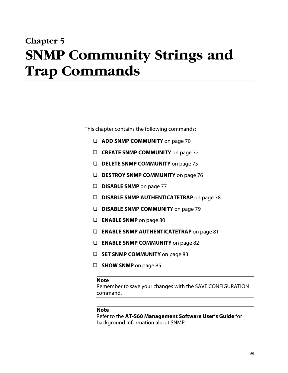 Chapter 5, Snmp community strings and trap commands | Allied Telesis AT-S60 User Manual | Page 71 / 303