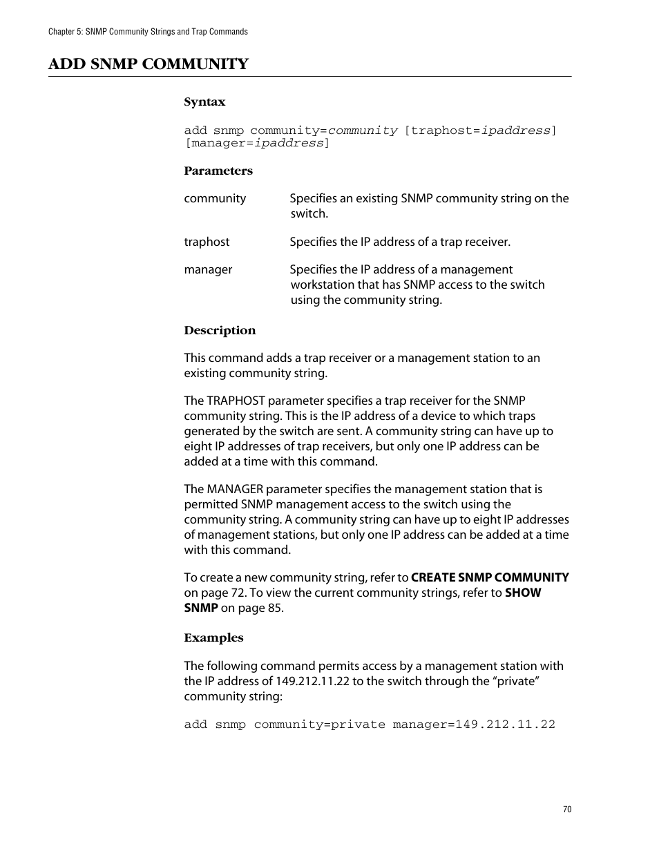 Add snmp community | Allied Telesis AT-S60 User Manual | Page 72 / 303