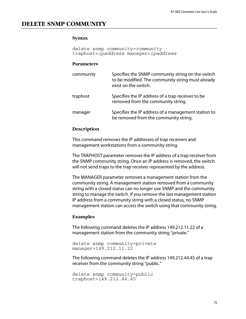 Delete snmp community | Allied Telesis AT-S60 User Manual | Page 77 / 303