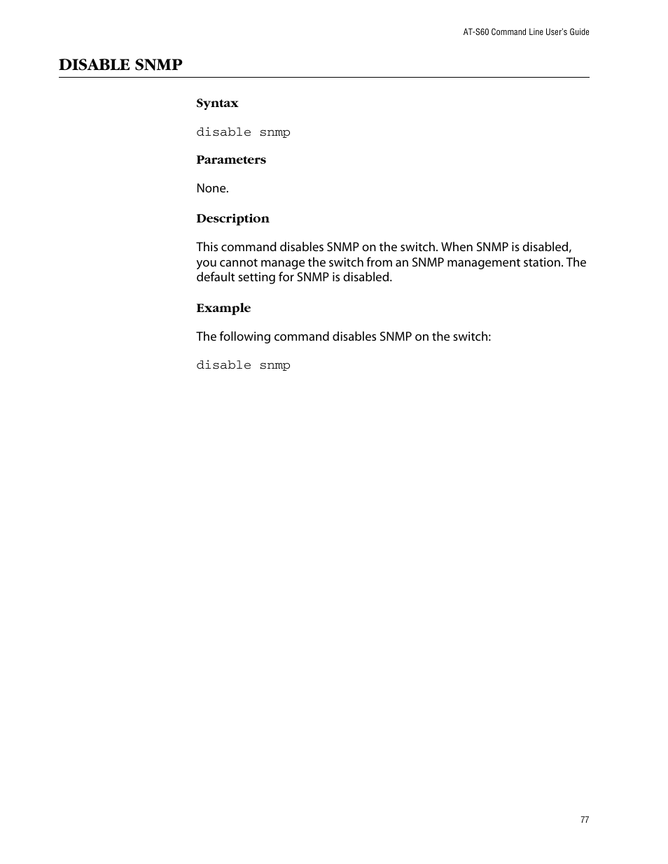 Disable snmp | Allied Telesis AT-S60 User Manual | Page 79 / 303