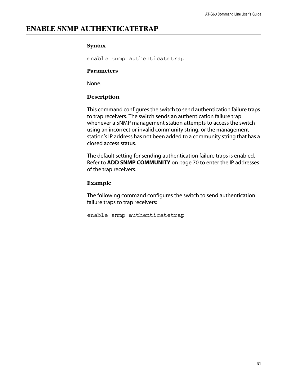 Enable snmp authenticatetrap | Allied Telesis AT-S60 User Manual | Page 83 / 303