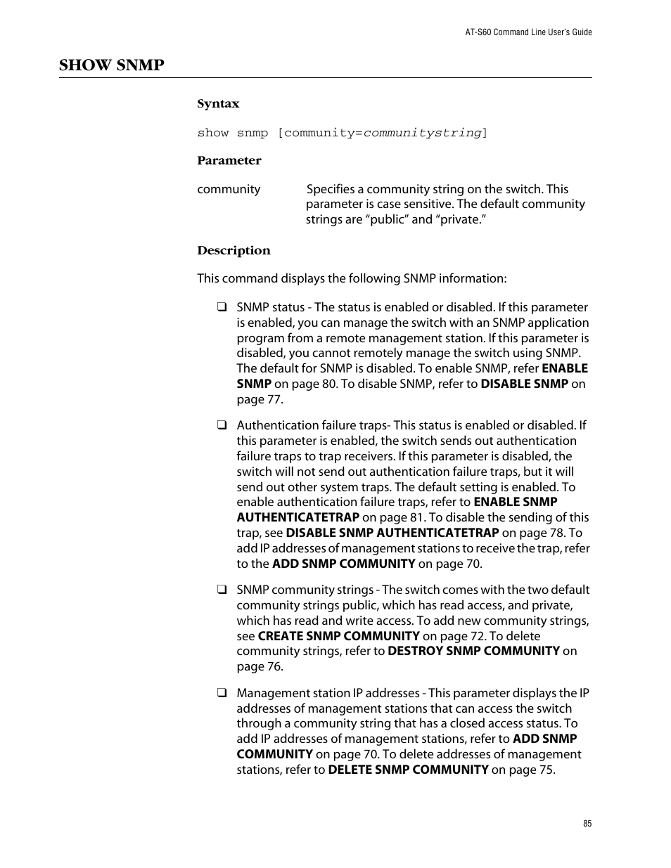 Show snmp | Allied Telesis AT-S60 User Manual | Page 87 / 303