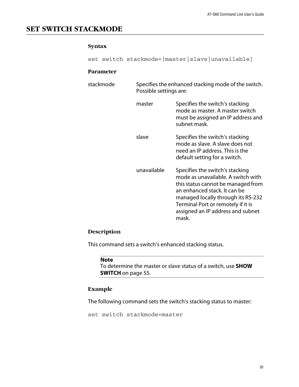 Set switch stackmode | Allied Telesis AT-S60 User Manual | Page 93 / 303