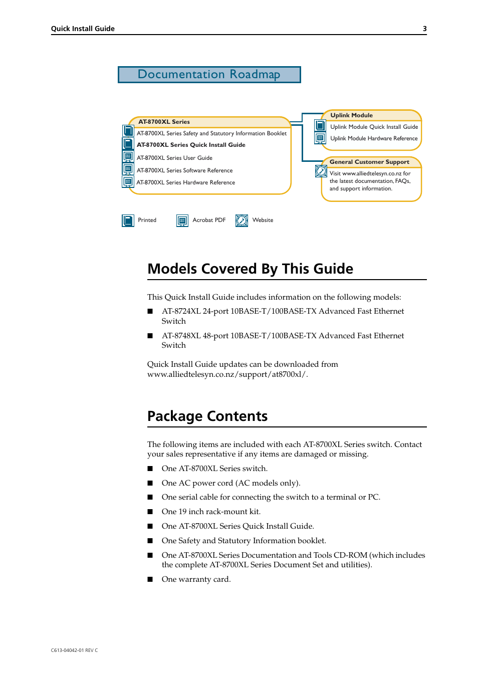 Models covered by this guide, Package contents, Documentation roadmap | Allied Telesis AT-8700XL SERIES User Manual | Page 3 / 10