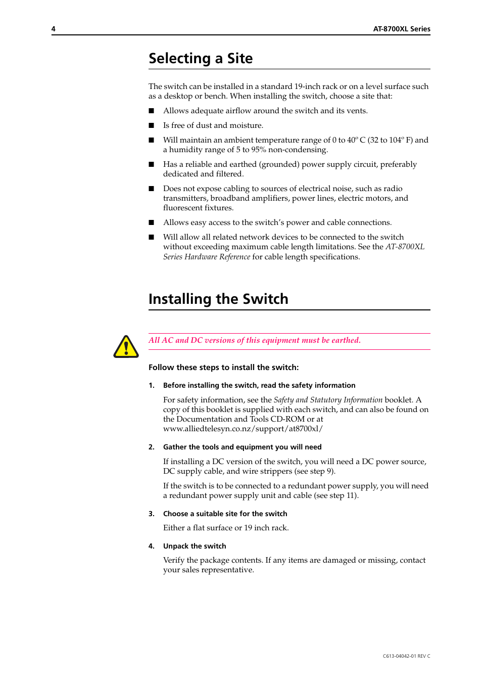 Selecting a site, Installing the switch | Allied Telesis AT-8700XL SERIES User Manual | Page 4 / 10