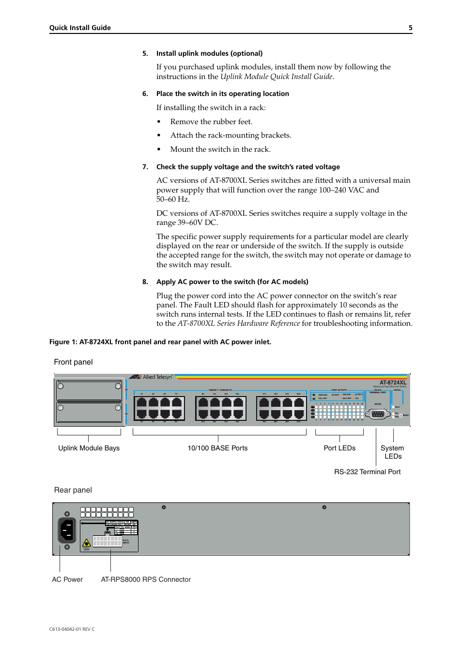 Rear panel front panel, Quick install guide 5, Install uplink modules (optional) | Place the switch in its operating location, Apply ac power to the switch (for ac models), Ac power at-rps8000 rps connector, At-8724xl | Allied Telesis AT-8700XL SERIES User Manual | Page 5 / 10