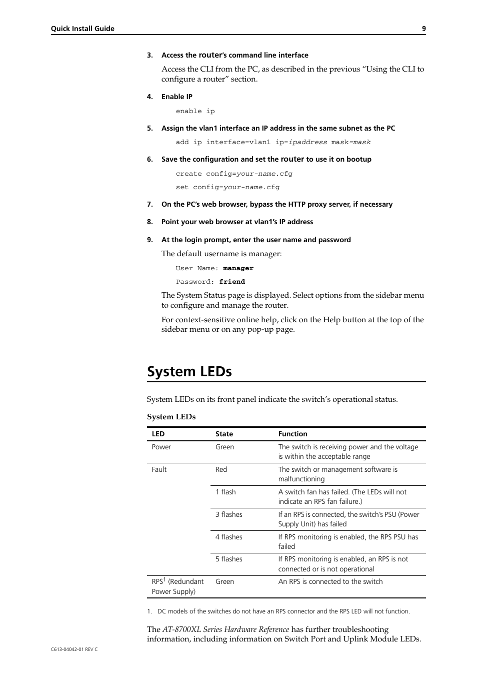 System leds | Allied Telesis AT-8700XL SERIES User Manual | Page 9 / 10