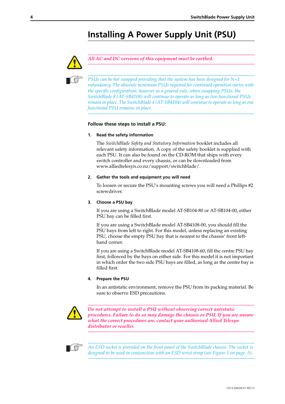 Installing a power supply unit (psu) | Allied Telesis SWITCHBLADE POWER SUPPLY UNIT User Manual | Page 4 / 10