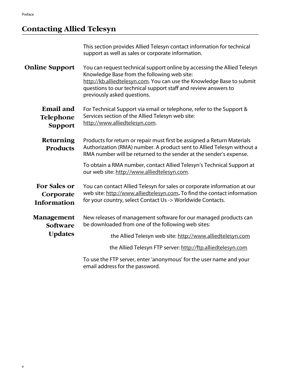 Contacting allied telesyn, Online support, Email and telephone support | Returning products, For sales or corporate information, Management software updates | Allied Telesis AT-GS908 User Manual | Page 10 / 52