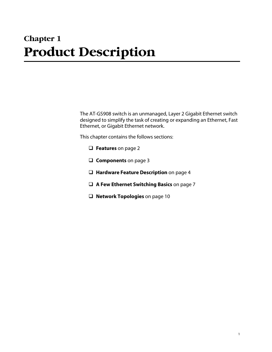 Chapter 1, Product description, Product description , de | Allied Telesis AT-GS908 User Manual | Page 11 / 52