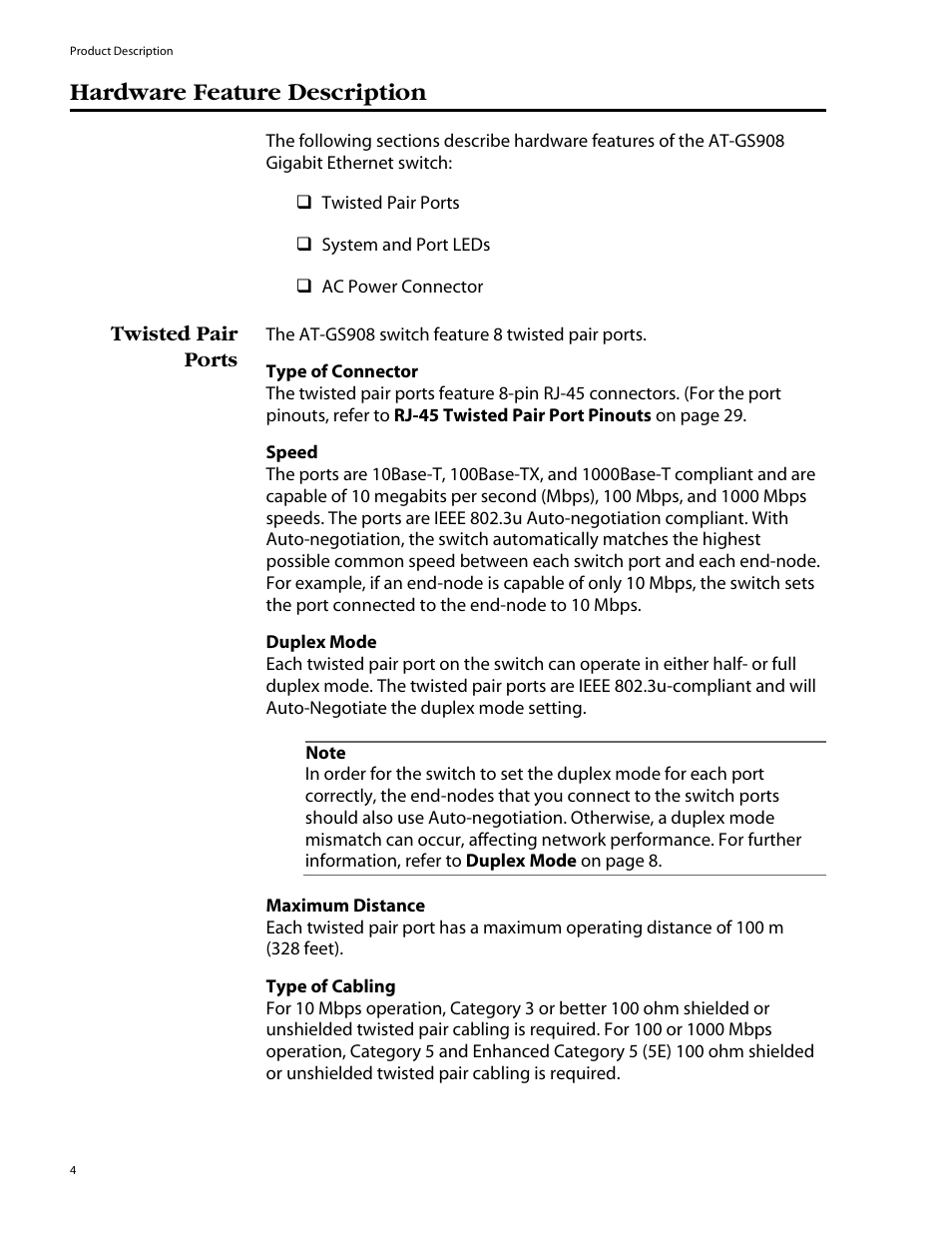 Hardware feature description, Twisted pair ports | Allied Telesis AT-GS908 User Manual | Page 14 / 52