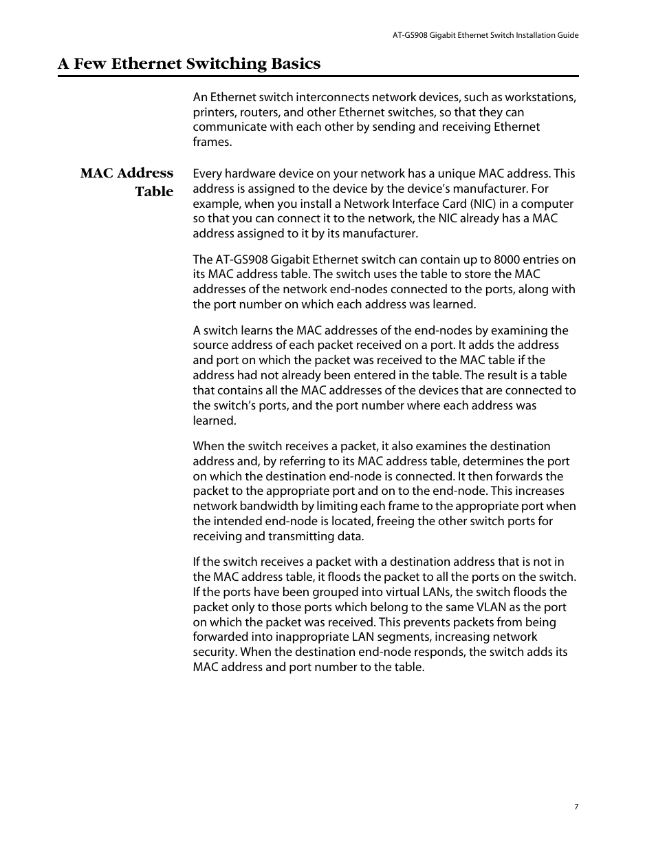 A few ethernet switching basics, Mac address table | Allied Telesis AT-GS908 User Manual | Page 17 / 52